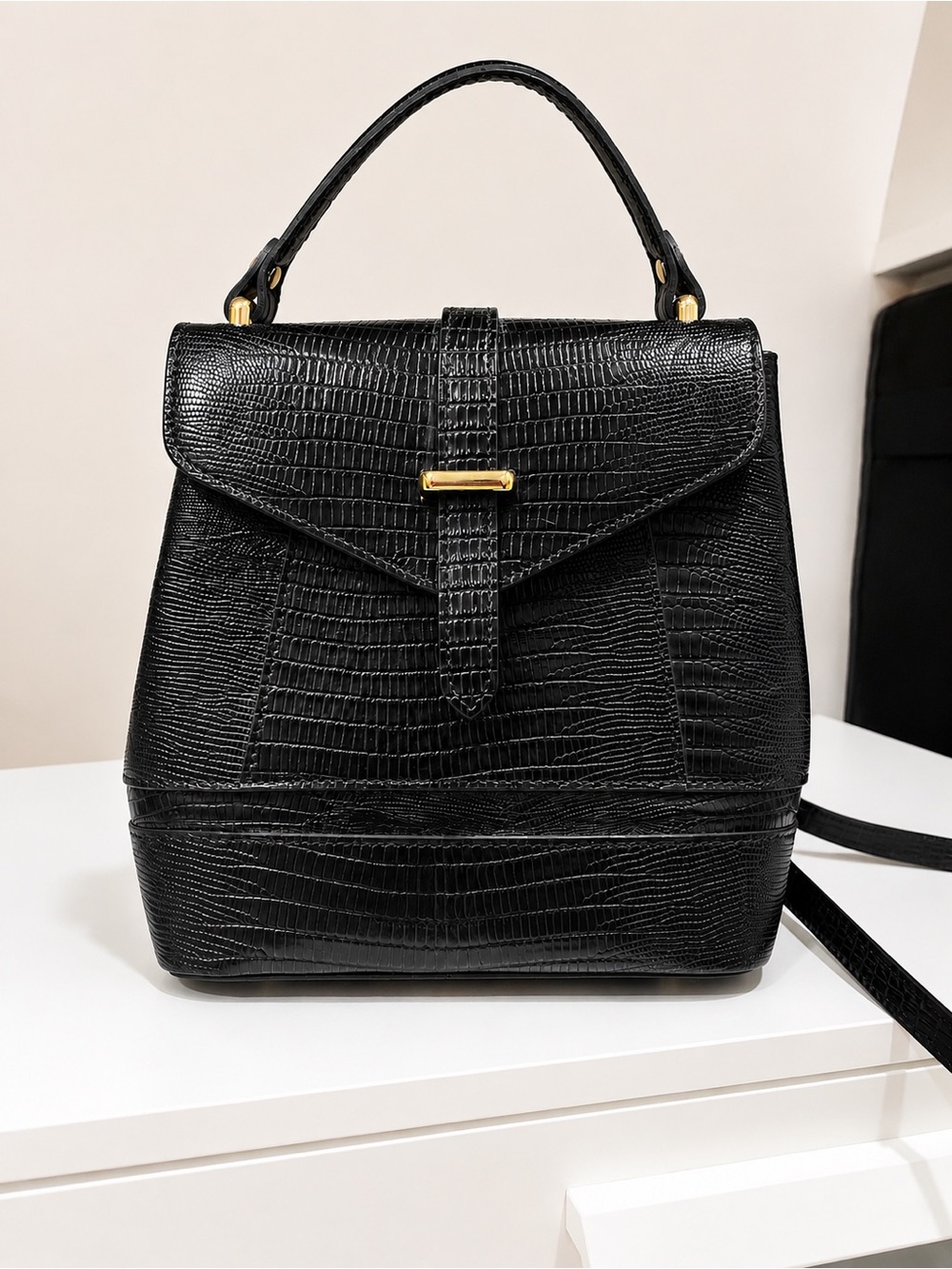 Croc-Embossed Black Top Handle Backpack